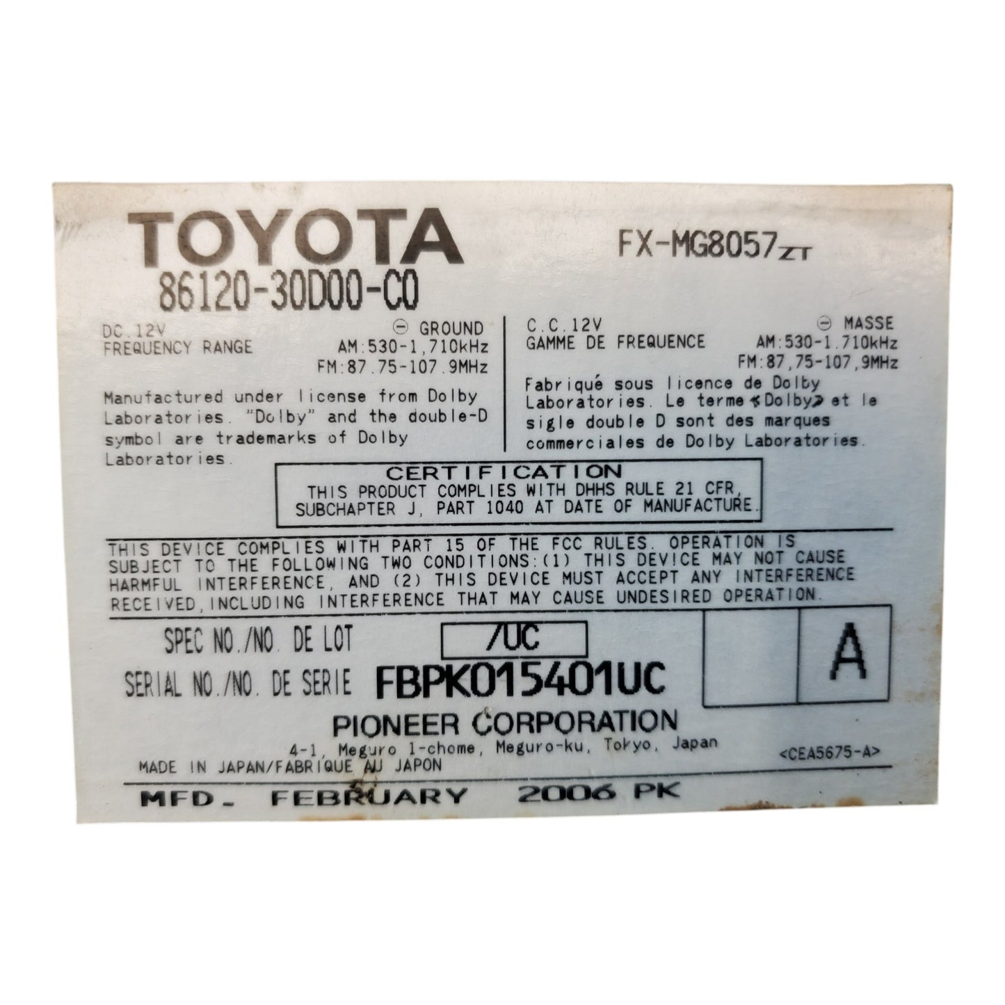 2006 2007 Lexus GS Radio 6 Disc CD Player 86120-30D00-C0 OEM #R160