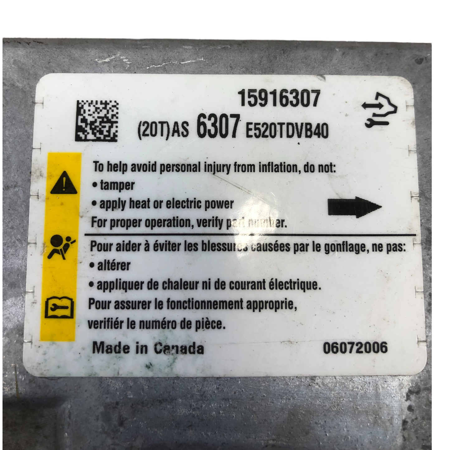 2008 CHEVY IMPALA LTZ SRS Airbag Control Module 15916307